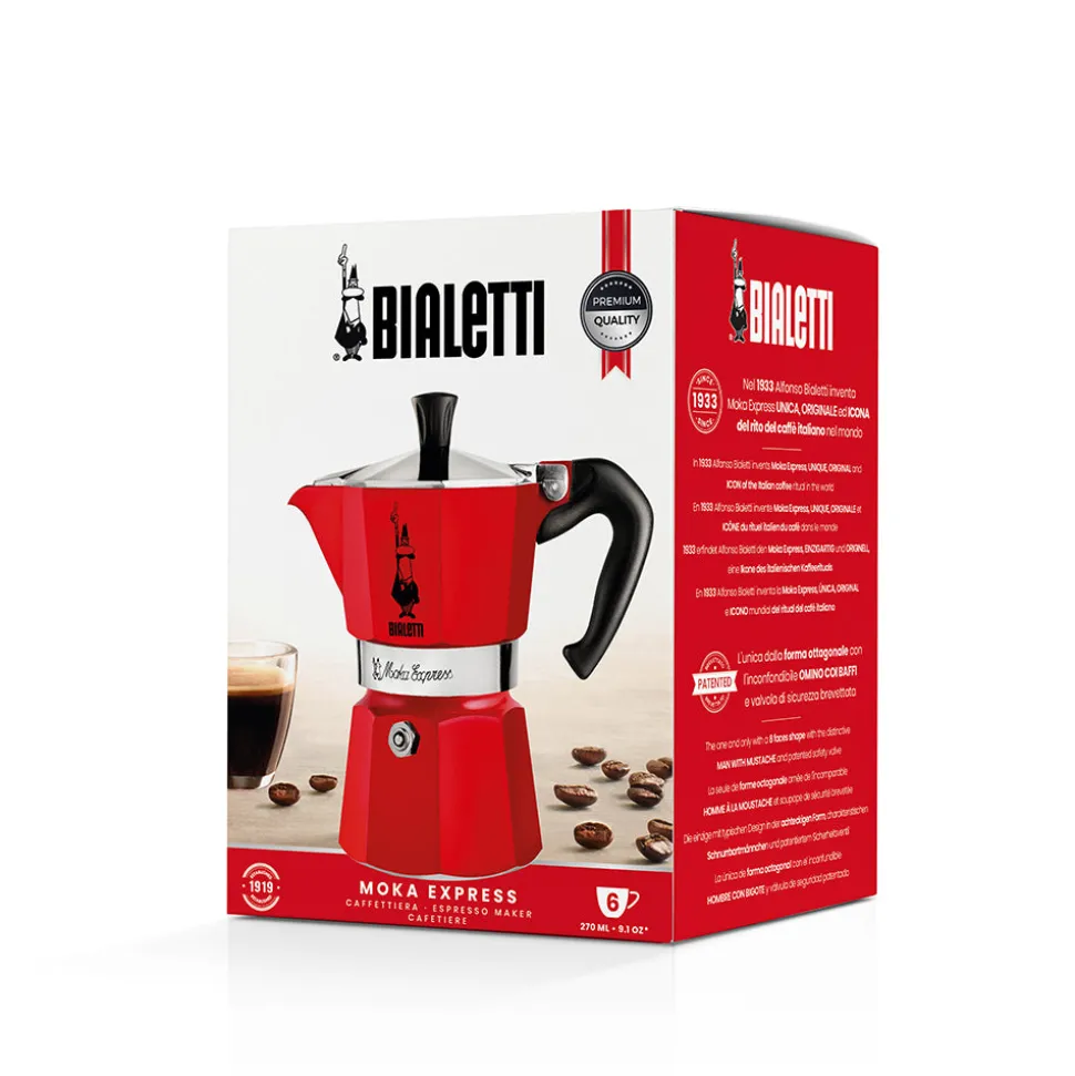Bialetti Moka Express Hob Espresso Coffee Maker, 6 Cups, Red