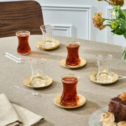 Karaca Ada 18-Piece Turkish Tea Set for 6 People, 130ml, Gold