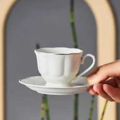 Karaca Çan 12-Piece Porcelain Espresso Turkish Coffee Cup Set for 6 People, 90ml, White Gold