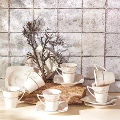 Karaca Autumn 12 Piece Porcelain Espresso Turkish Coffee Cup Set for 6 People, 85ml, Gold White