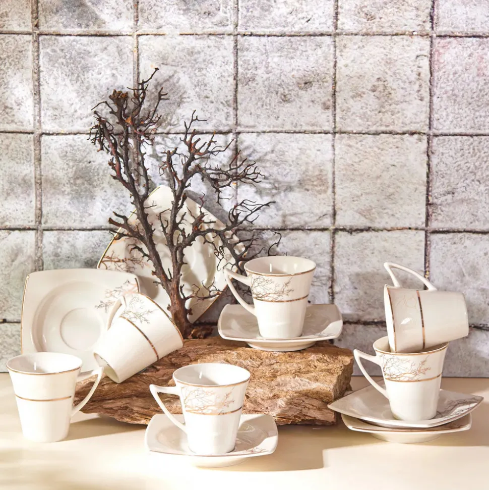 Karaca Autumn 12 Piece Porcelain Espresso Turkish Coffee Cup Set for 6 People, 85ml, Gold White
