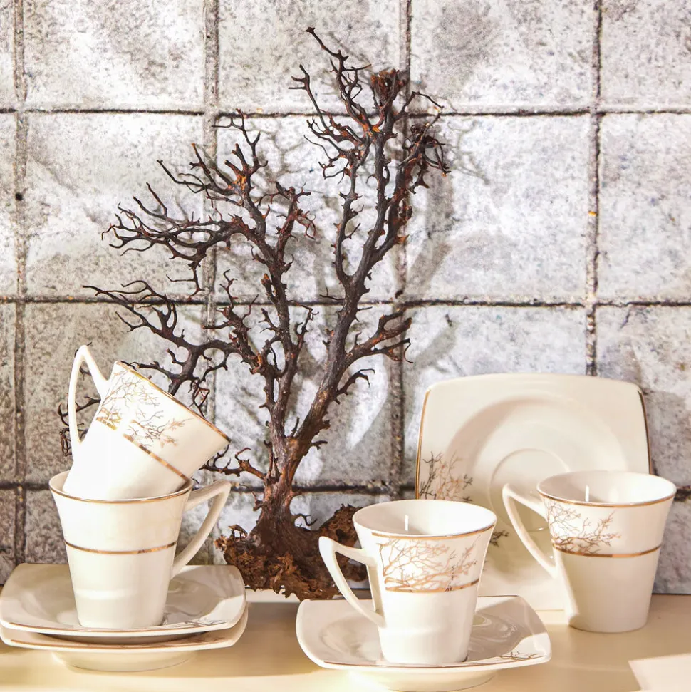 Karaca Autumn 12 Piece Porcelain Espresso Turkish Coffee Cup Set for 6 People, 85ml, Gold White