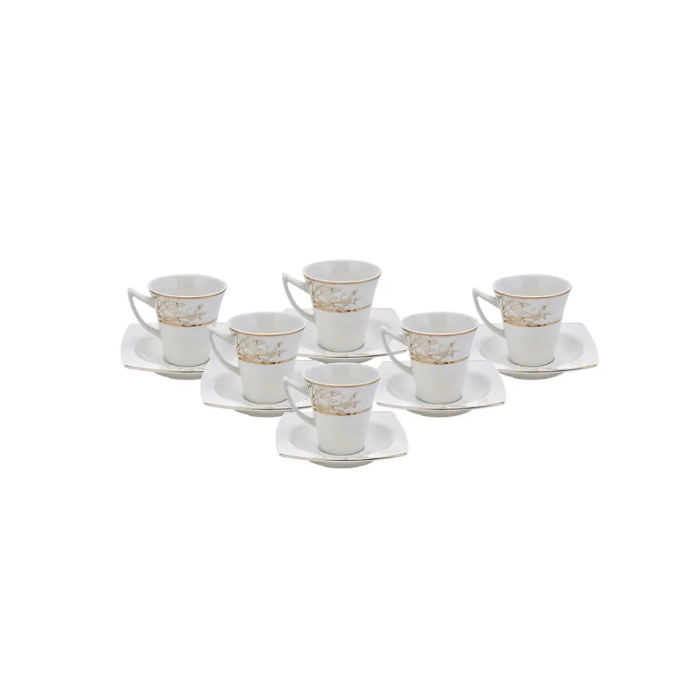 Karaca Autumn 12 Piece Porcelain Espresso Turkish Coffee Cup Set for 6 People, 85ml, Gold White