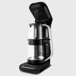Karaca Çaysever Robotea Pro 4 in 1 Talking Automatic Glass Tea Machine, Water Heater, and Filter Coffee Brewing Machine, 2500W, Black Chrome