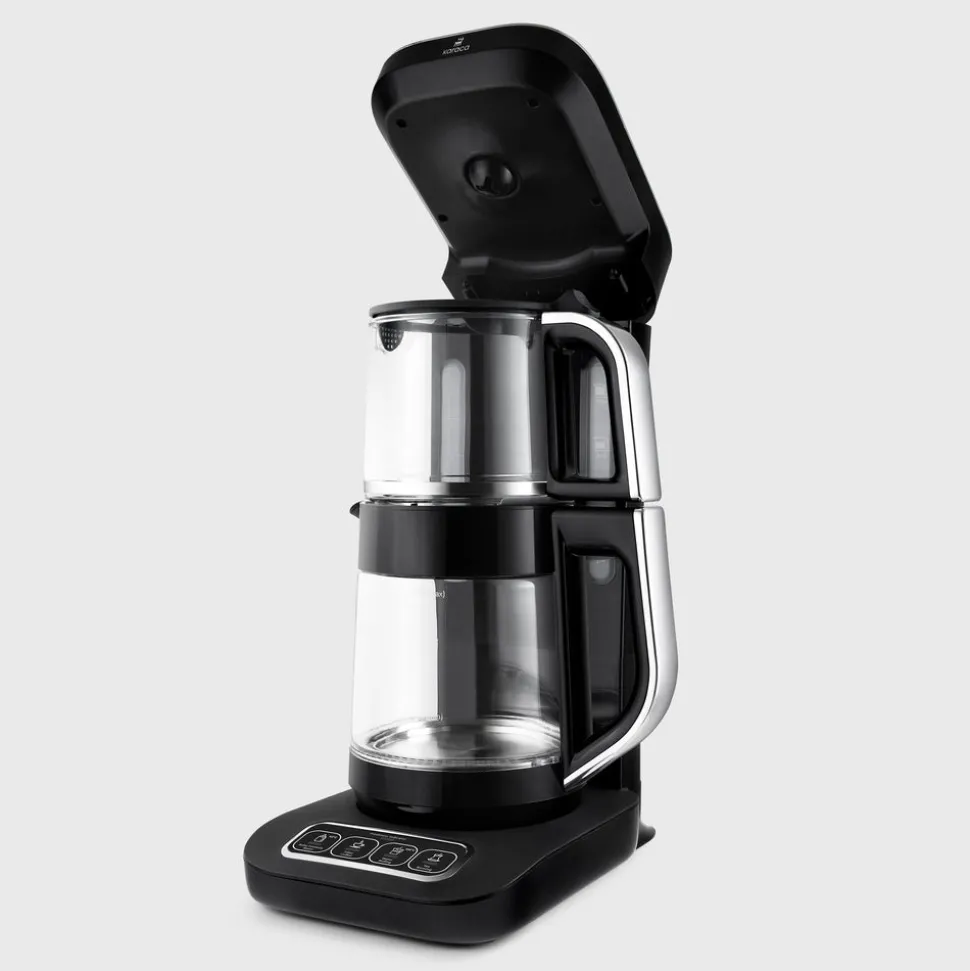 Karaca Çaysever Robotea Pro 4 in 1 Talking Automatic Glass Tea Machine, Water Heater, and Filter Coffee Brewing Machine, 2500W, Black Chrome