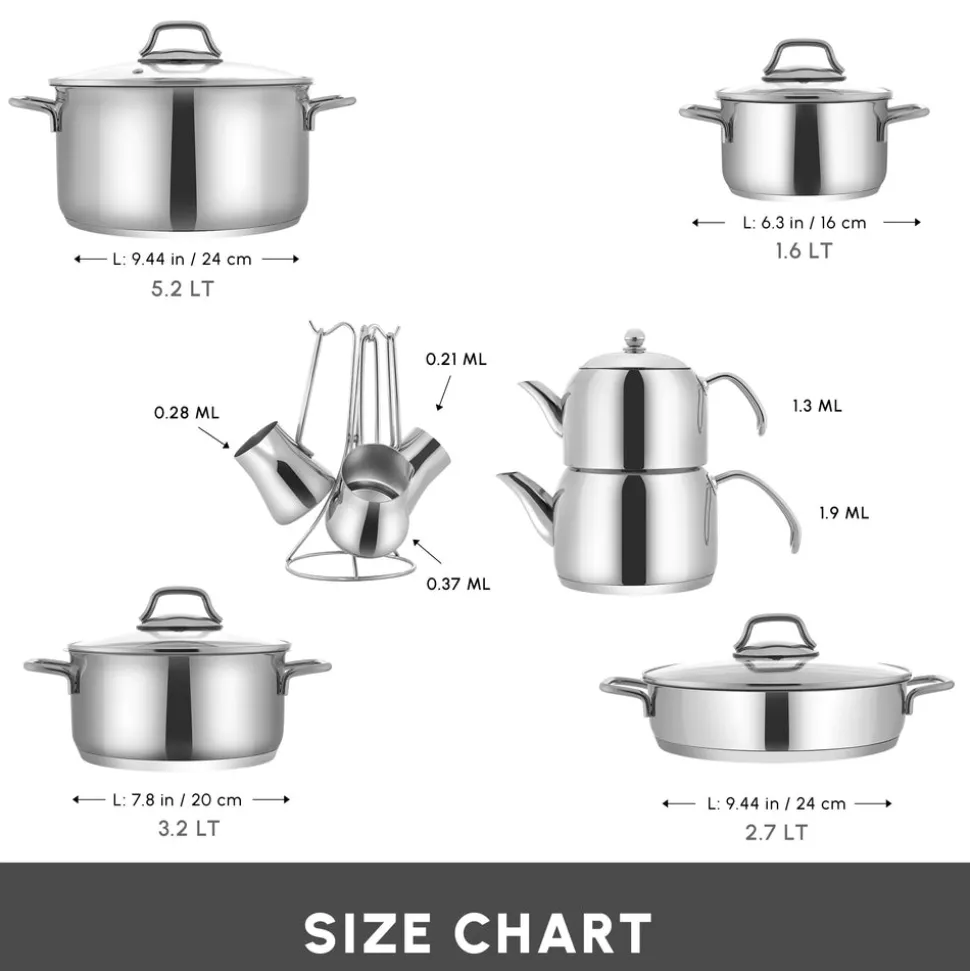 Karaca Belgrad 15-Piece Complete Stainless Steel Kitchen Cookware Set