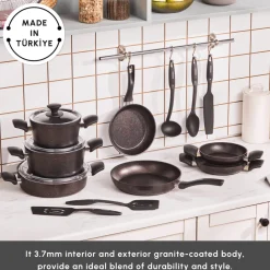 Karaca Blackgold Biogranite 15-Piece Non-Stick Induction Cookware Set, Black Gold