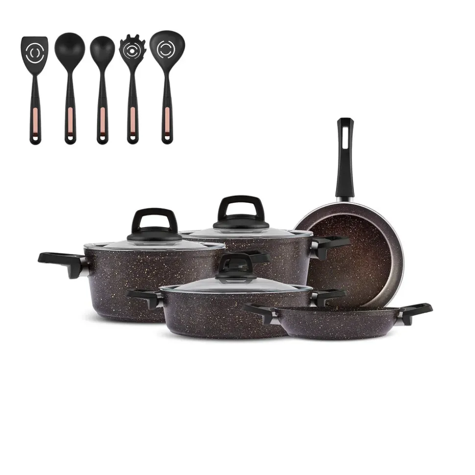 Karaca Blackgold Biogranite 13-Piece Induction Cookware Set with Kitchen Utensil Set, Black Gold