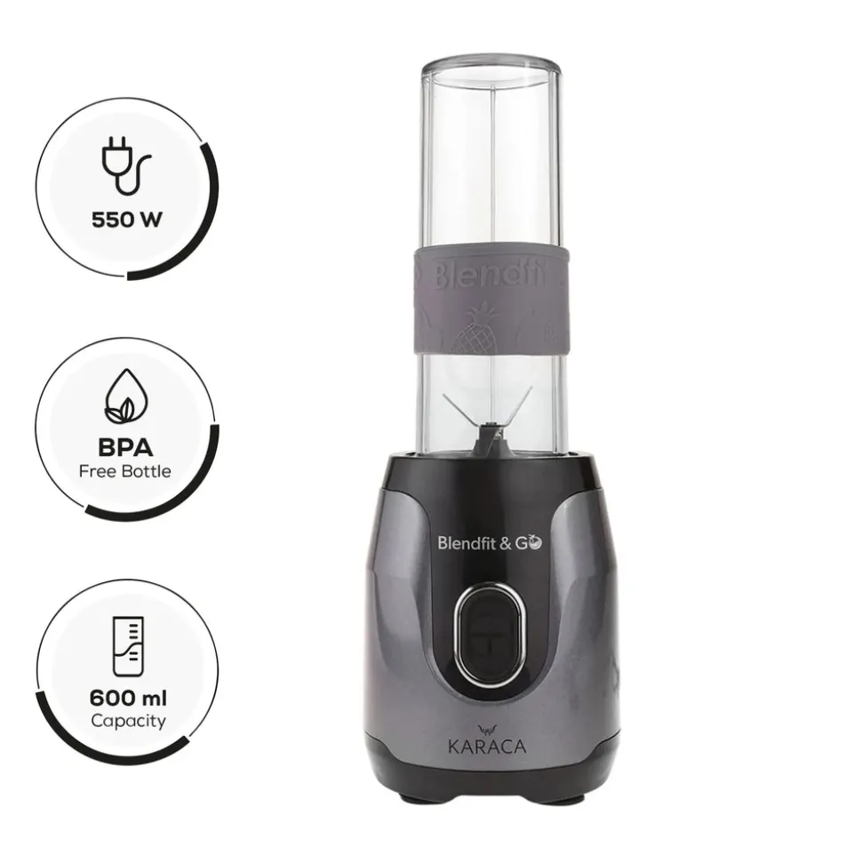 Karaca Blendfit Go Personal Smoothie Blender, 2x 600ml Bottle, 550W, Anthracite