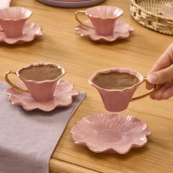 Karaca Bliss 12-Piece Porcelain Turkish Coffee Cup Set for 6 People, 90ml, Pink