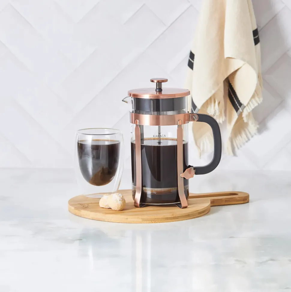 Karaca Borosilicate Glass Brushed Copper French Press, 1000ml, Copper Black