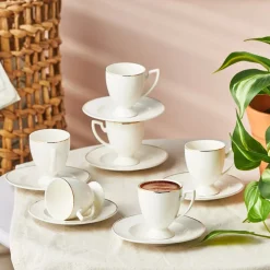 Karaca Boyoz 12-Piece Porcelain Espresso Turkish Coffee Cup Set for 6 People, 85ml, White Gold