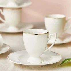 Karaca Boyoz 12-Piece Porcelain Espresso Turkish Coffee Cup Set for 6 People, 85ml, White Gold