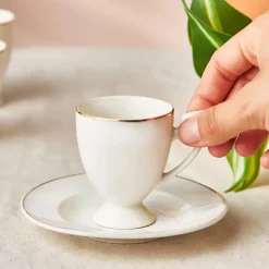 Karaca Boyoz 12-Piece Porcelain Espresso Turkish Coffee Cup Set for 6 People, 85ml, White Gold
