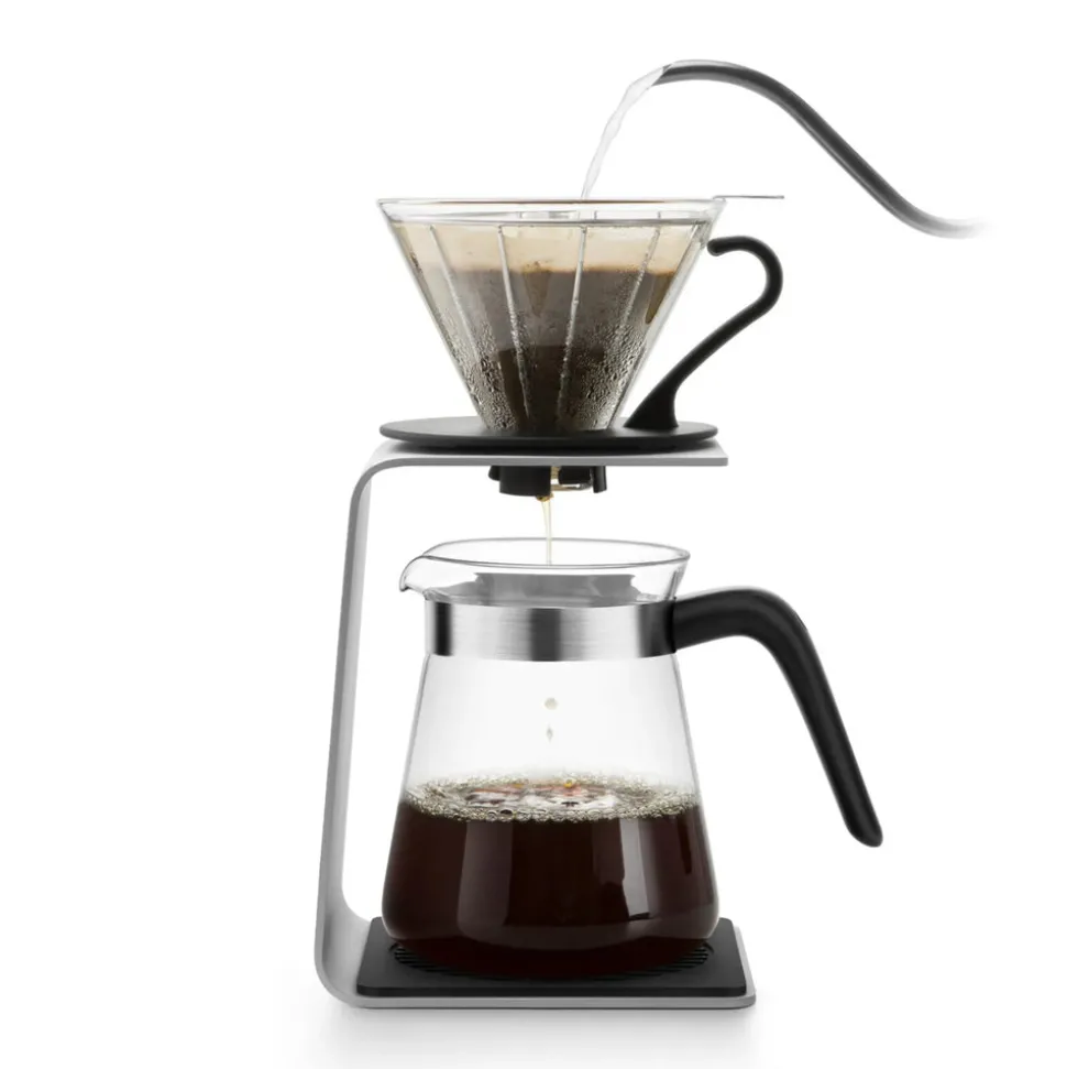 Karaca Brewy Glass Pour Over Coffee Maker Set with Stand, 600ml, Silver Transparent Black