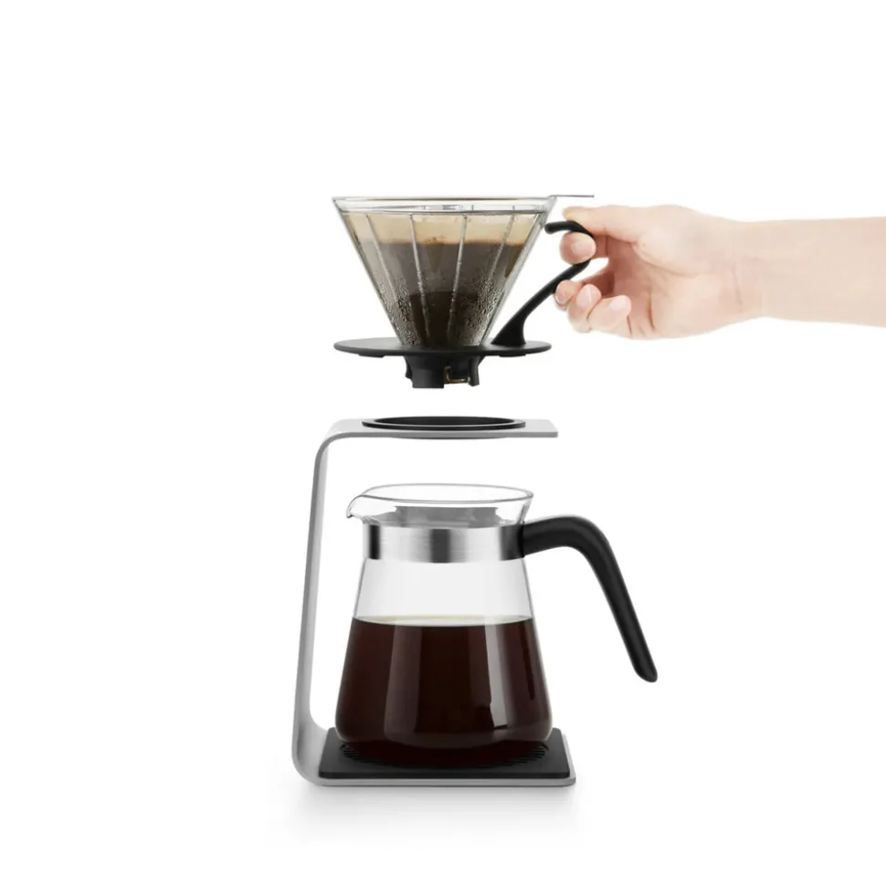 Karaca Brewy Glass Pour Over Coffee Maker Set with Stand, 600ml, Silver Transparent Black