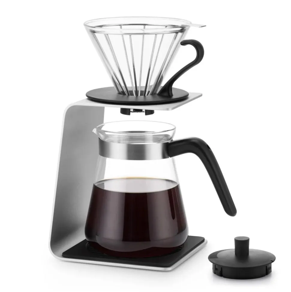 Karaca Brewy Glass Pour Over Coffee Maker Set with Stand, 600ml, Silver Transparent Black