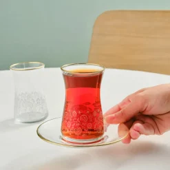 Karaca Brugge 12-Piece Glass Turkish Tea Set for 6 People, Gold