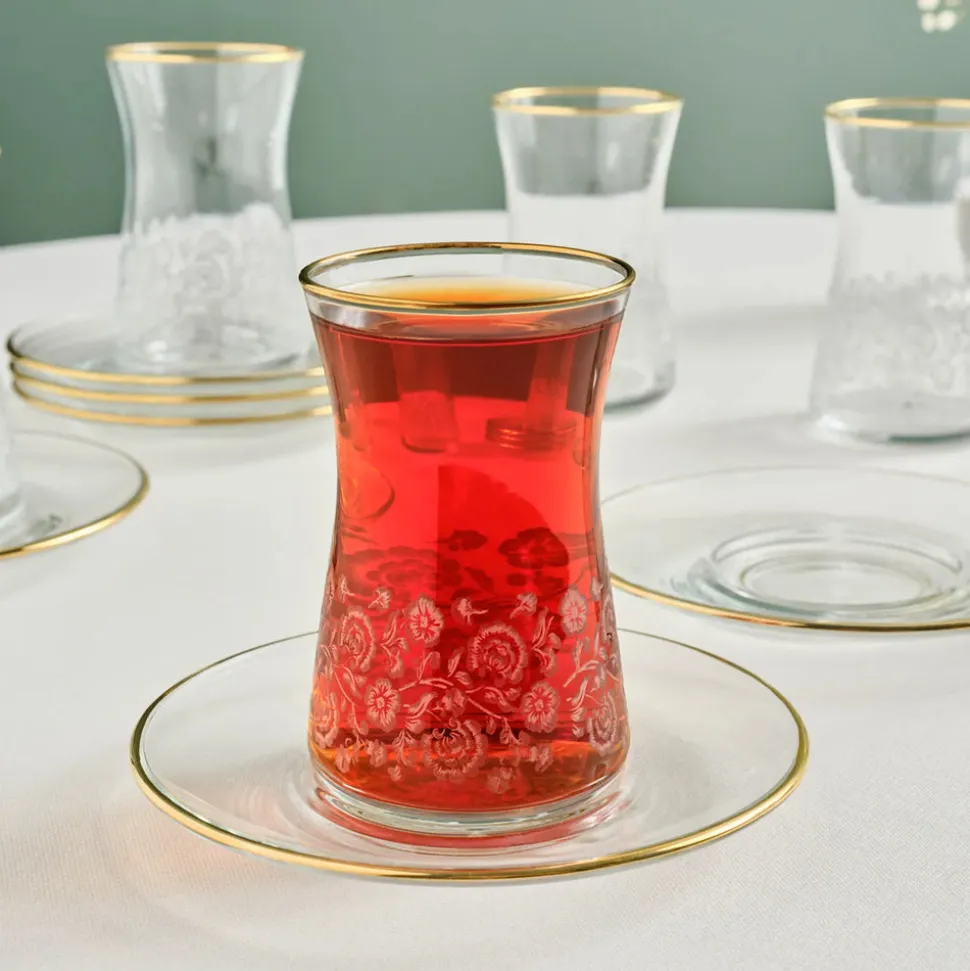 Karaca Brugge 12-Piece Glass Turkish Tea Set for 6 People, Gold