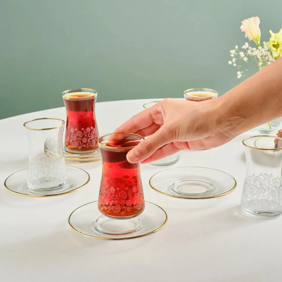 Karaca Brugge 12-Piece Glass Turkish Tea Set for 6 People, Gold