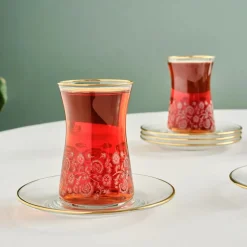 Karaca Brugge 12-Piece Glass Turkish Tea Set for 6 People, Gold