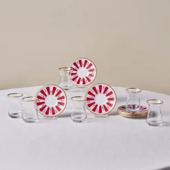 Karaca Bursa 12-Piece Glass Turkish Tea Set for 6 People, 132ml, Red