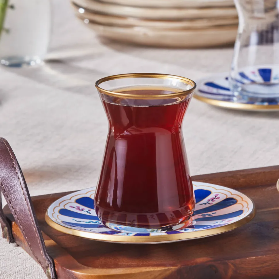 Karaca Bursa 12-Piece Glass Turkish Tea Set for 6 People, 132ml, Navy
