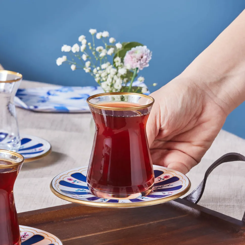 Karaca Bursa 12-Piece Glass Turkish Tea Set for 6 People, 132ml, Navy