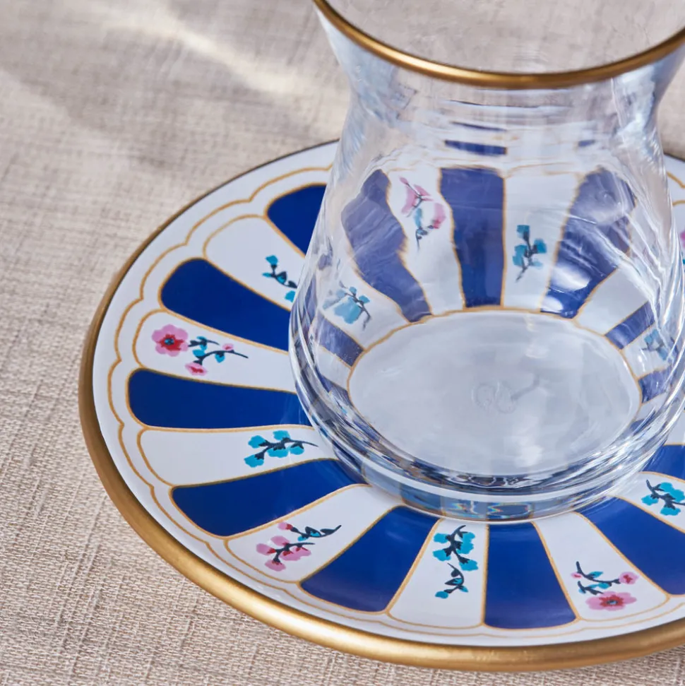 Karaca Bursa 12-Piece Glass Turkish Tea Set for 6 People, 132ml, Navy