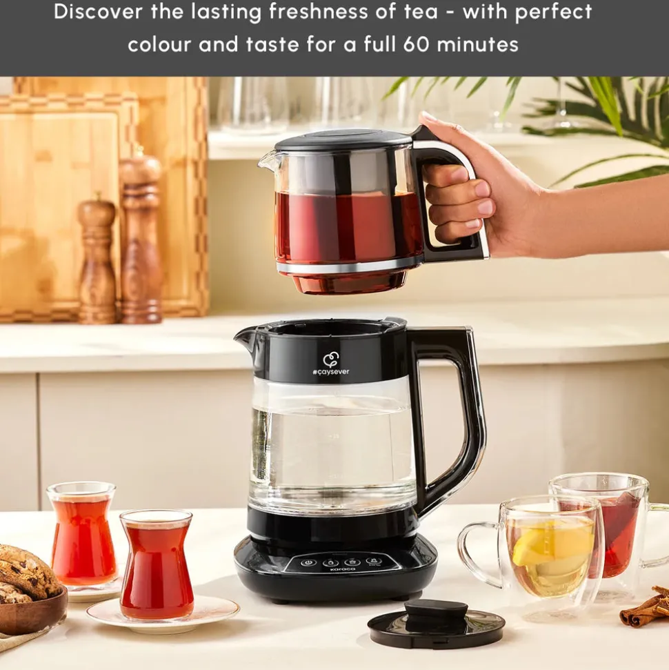 Karaca Caysever 3 in 1 Talking Automatic Tea Maker Kettle and Baby Food Water Preparation, 1700W, Chrome