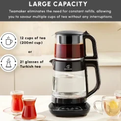 Karaca Caysever 3 in 1 Talking Automatic Tea Maker Kettle and Baby Food Water Preparation, 1700W, Chrome