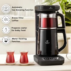 Karaca Caysever Robotea Pro 4 in 1 Talking Automatic Tea Maker Kettle and Filter Coffee Maker, 2500W, Black Chrome