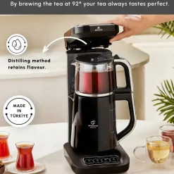 Karaca Caysever Robotea Pro 4 in 1 Talking Automatic Tea Maker Kettle and Filter Coffee Maker, 2500W, Black Chrome