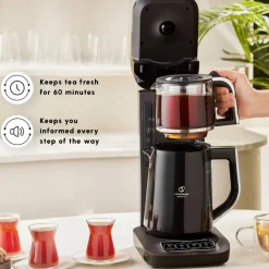 Karaca Caysever Robotea Pro 4 in 1 Talking Automatic Tea Maker Kettle and Filter Coffee Maker, 2500W, Black Chrome