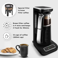 Karaca Caysever Robotea Pro 4 in 1 Talking Automatic Tea Maker Kettle and Filter Coffee Maker, 2500W, Black Chrome