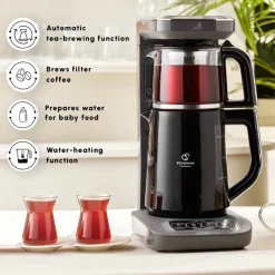 Karaca Caysever Robotea Pro 4 in 1 Talking Automatic Tea Maker Kettle and Filter Coffee Maker, 2500W, Space Grey