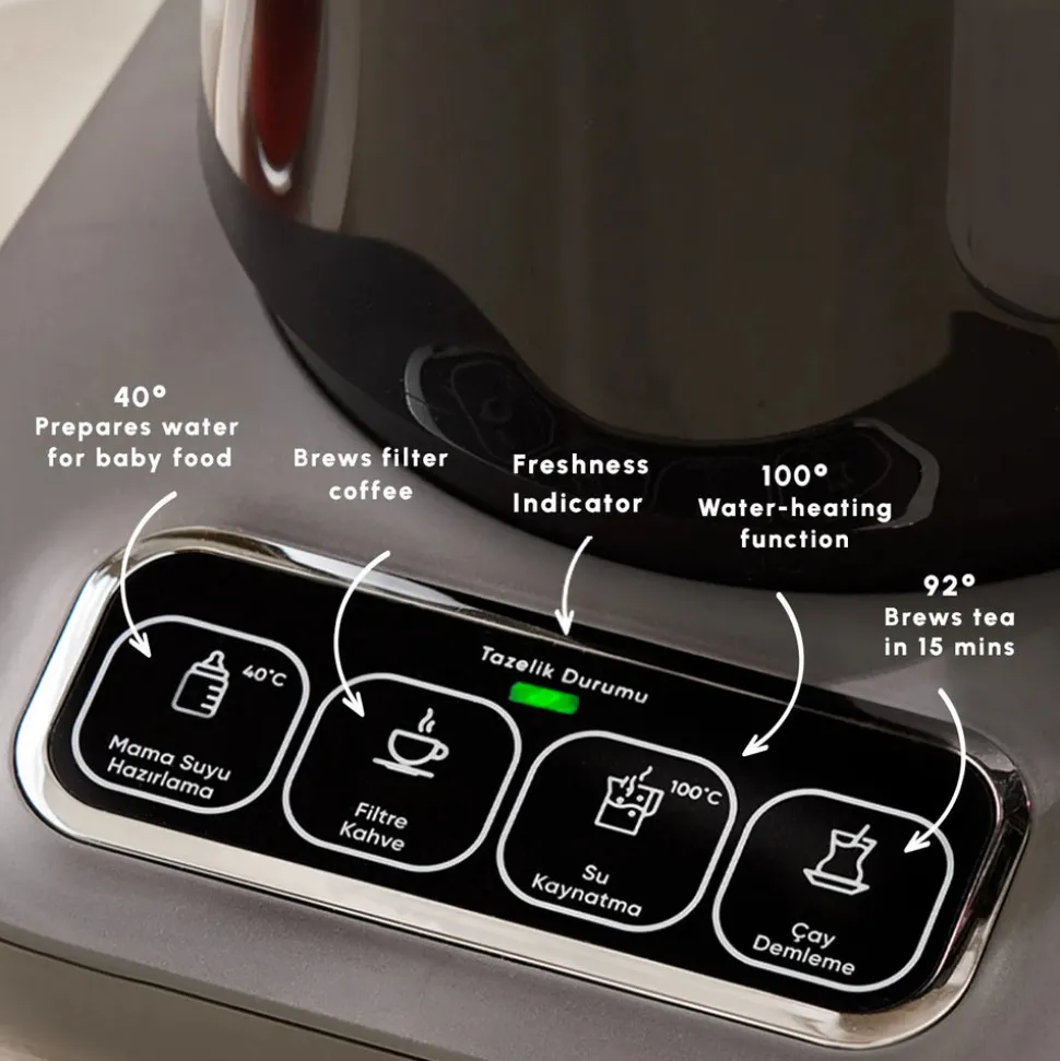 Karaca Caysever Robotea Pro 4 in 1 Talking Automatic Tea Maker Kettle and Filter Coffee Maker, 2500W, Space Grey