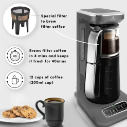 Karaca Caysever Robotea Pro 4 in 1 Talking Automatic Tea Maker Kettle and Filter Coffee Maker, 2500W, Space Grey
