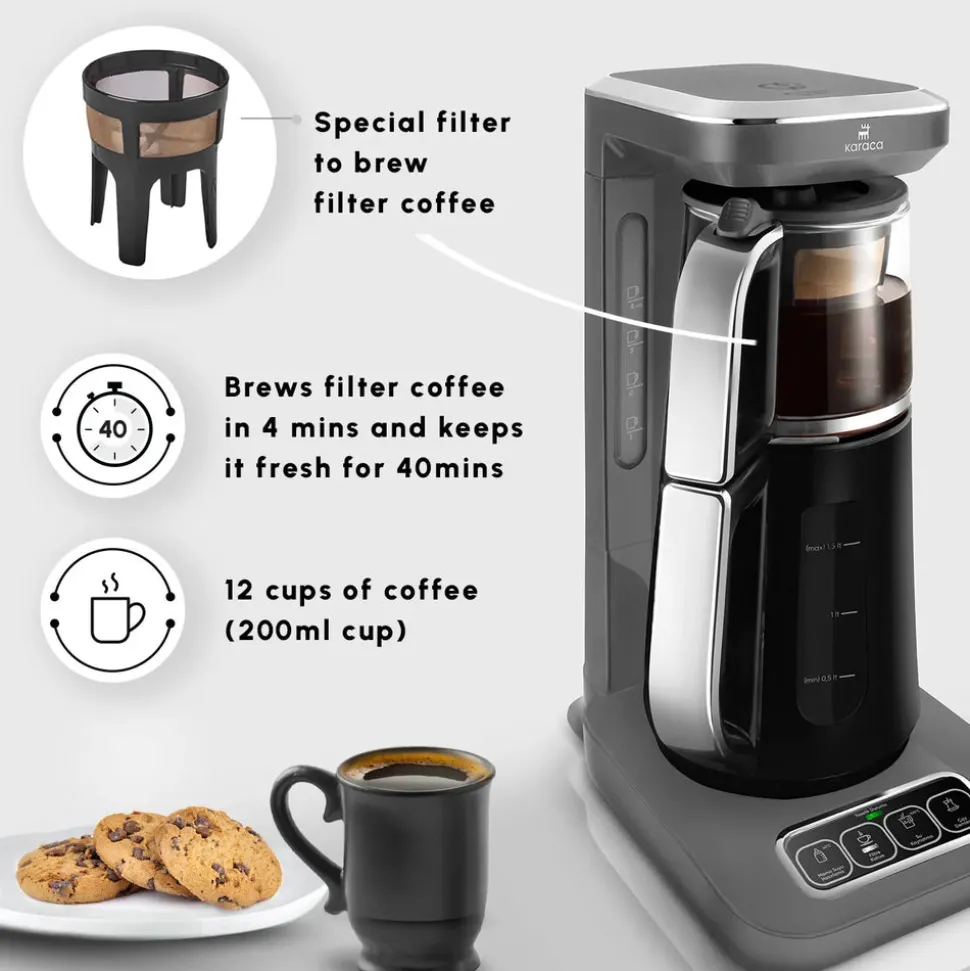 Karaca Caysever Robotea Pro 4 in 1 Talking Automatic Tea Maker Kettle and Filter Coffee Maker, 2500W, Space Grey