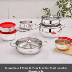 Karaca Cook & Store 13-Piece Stainless Steel Induction Cookware Set, Silver