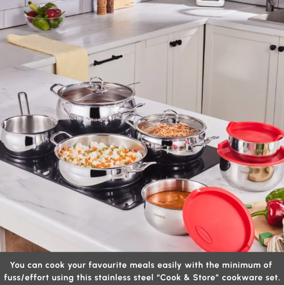 Karaca Cook & Store 13-Piece Stainless Steel Induction Cookware Set, Silver