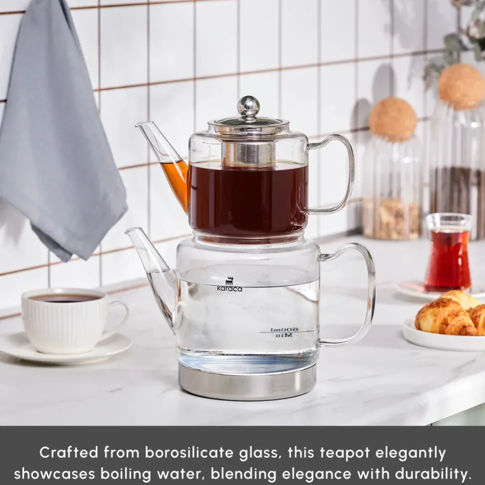 Karaca Dora Borosilicate Glass Induction Teapot Set, Xlarge, Transparent