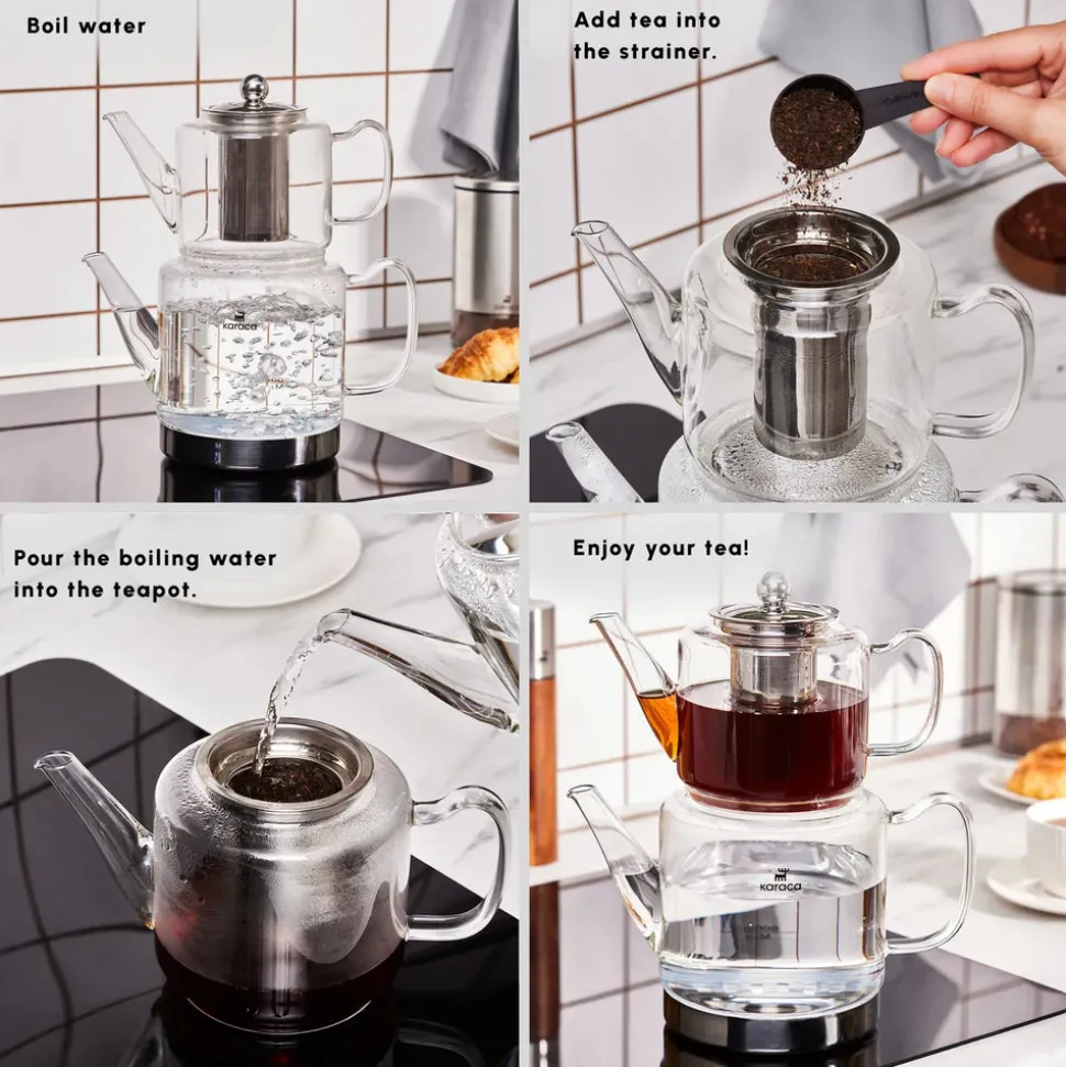 Karaca Dora Borosilicate Glass Induction Teapot Set, Xlarge, Transparent