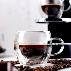 Karaca Double Wall Borosilicate Glass Cup Set with Handle for 2 People, 150ml, Transparent