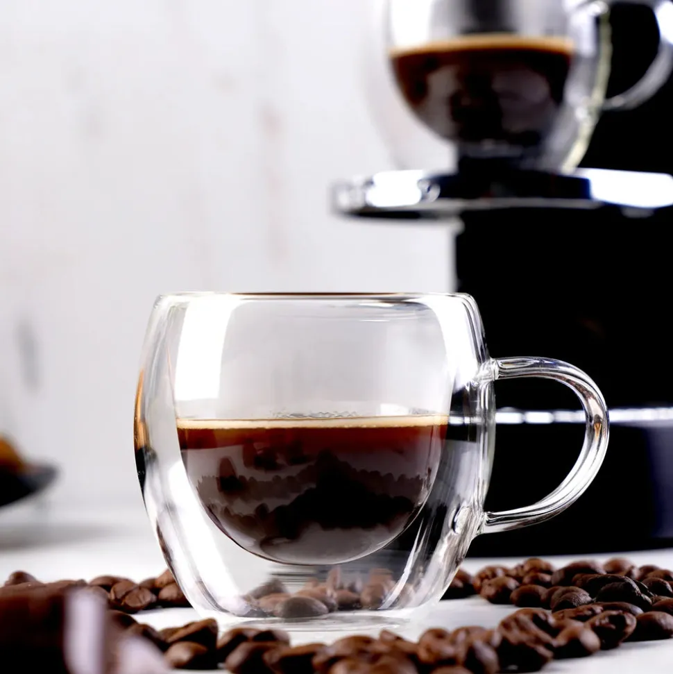 Karaca Double Wall Borosilicate Glass Cup Set with Handle for 2 People, 150ml, Transparent