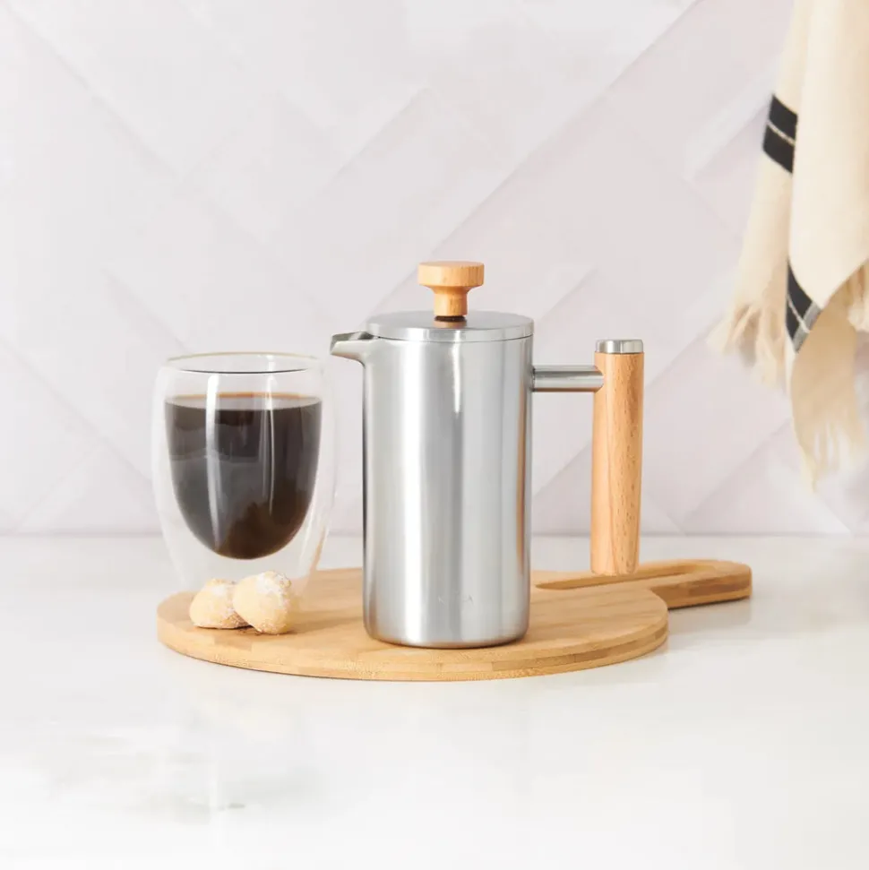 Karaca Double Wall Stainless Steel French Press with Oak Handle, 350ml, Silver Oak