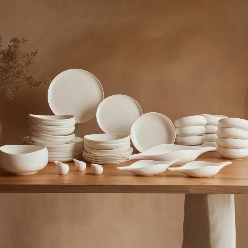 Karaca Earth Collection Clay 55-Piece Porcelain Dinner Set for 12 People, White