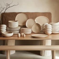 Karaca Earth Collection New Cupid 55-Piece Stoneware Dinner Set for 12 People, Cream