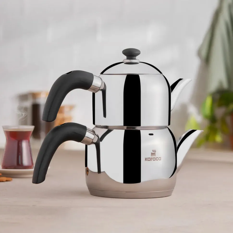 Karaca Edge Stainless Steel Induction Teapot Set, Small, Silver Black