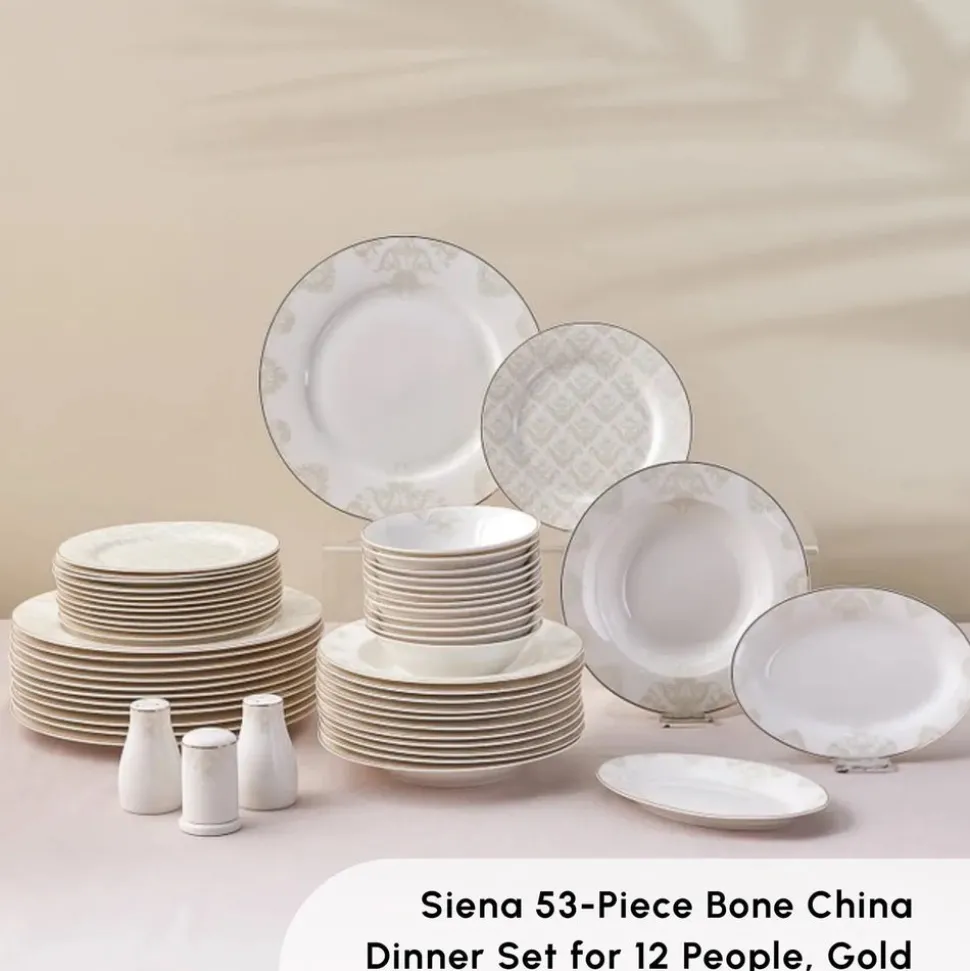 Karaca Elegance Bone China Siena 53-Piece Dinner Set for 12 People, Gold